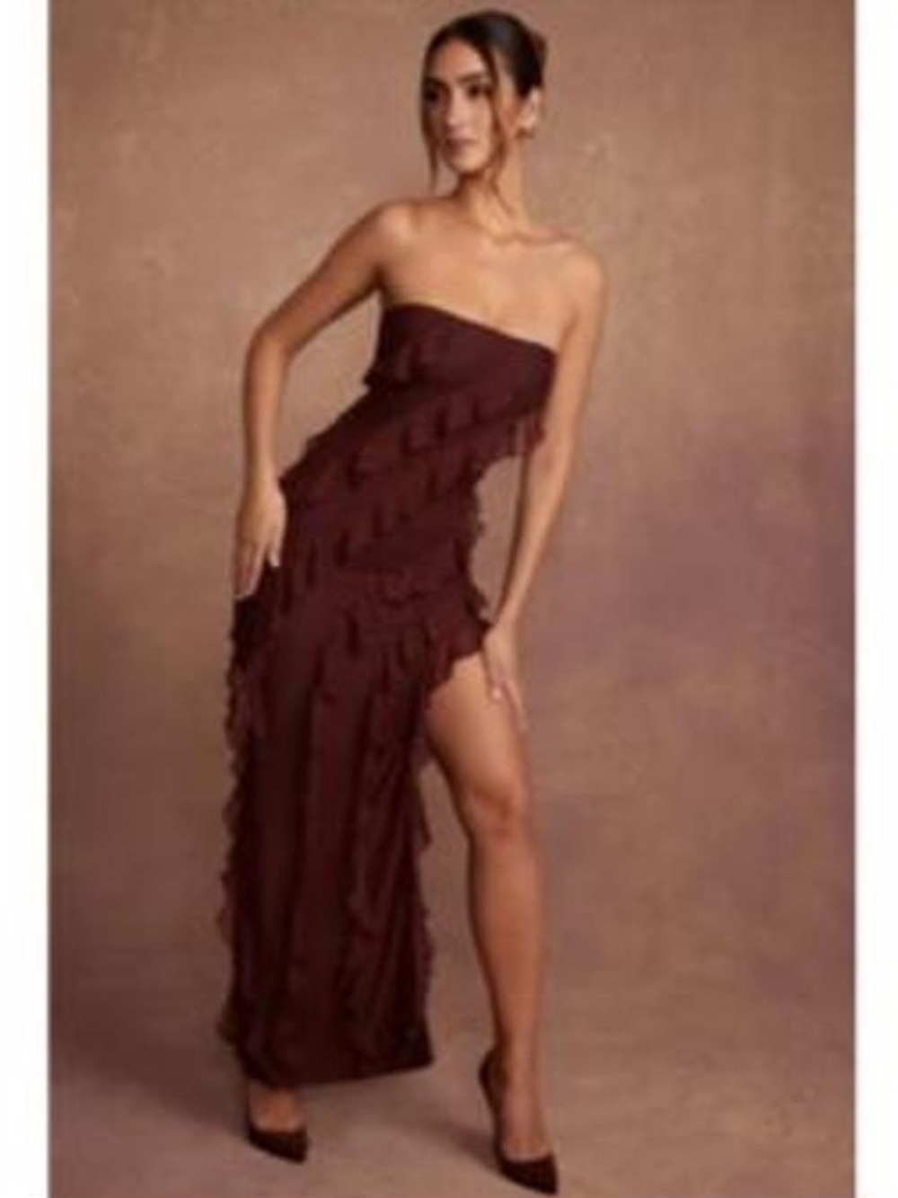 Strapless Brown Ruffle Detail Maxi Dress